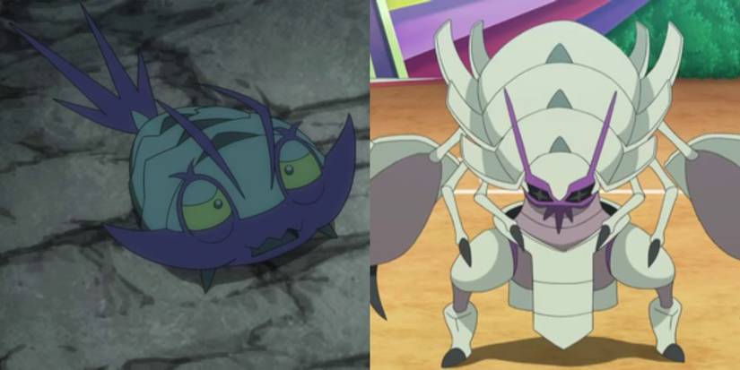 Wimpod standing on rocks and Golisopod in arena from Pokemon